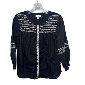 J.Jill Small Black Embroidered Boho Peasant Blouse 100% Cotton‎ Long Sleeve Top